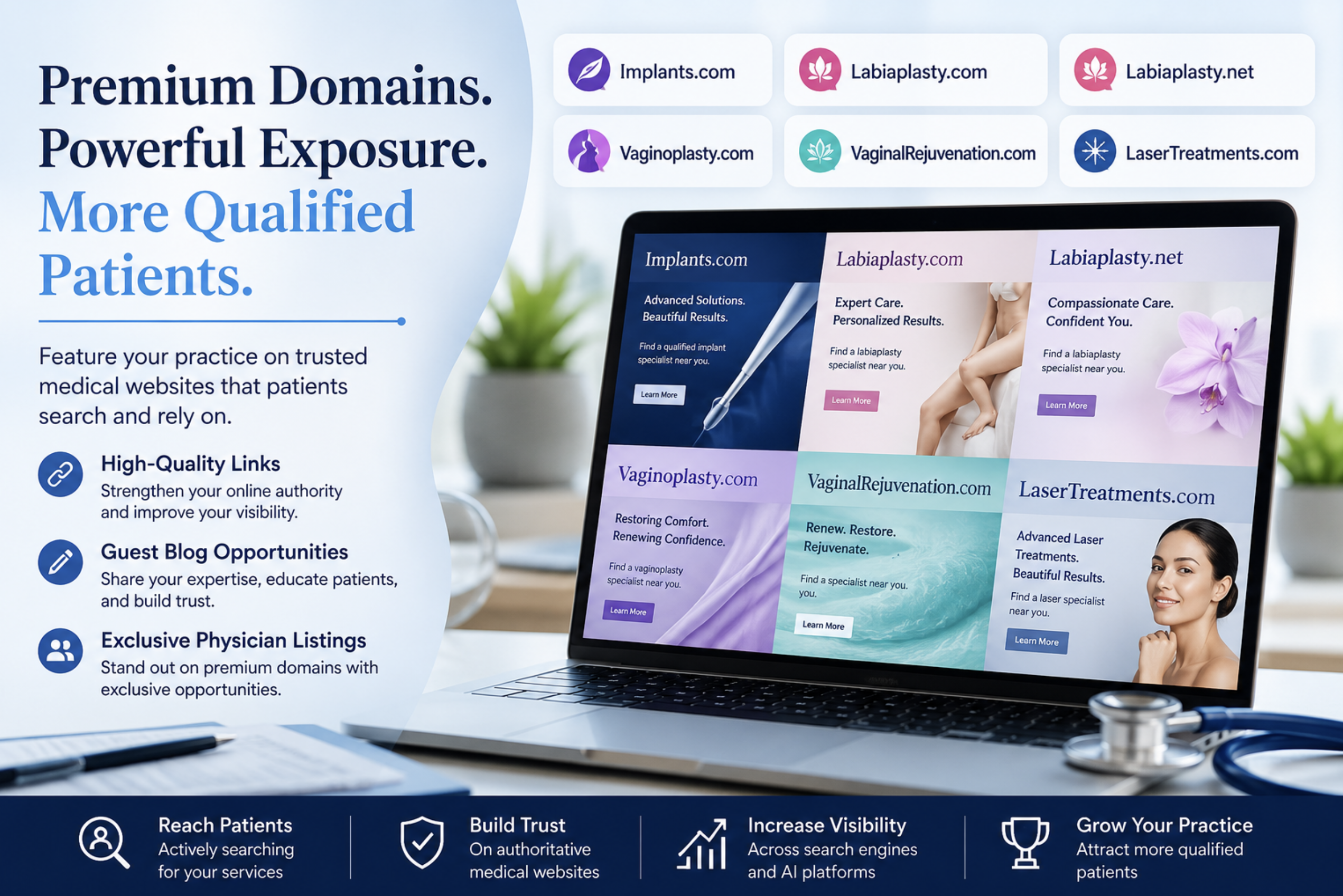 Network of premium medical domains including Implants.com, Labiaplasty.com, Labiaplasty.net, Vaginoplasty.com, VaginalRejuvenation.com, and LaserTreatments.com offering exclusive physician listings.